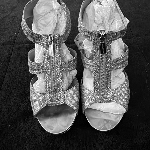 Michael Kors Shoes - Michael Kors Silver Glitter Zip-Front Heeled Sandals